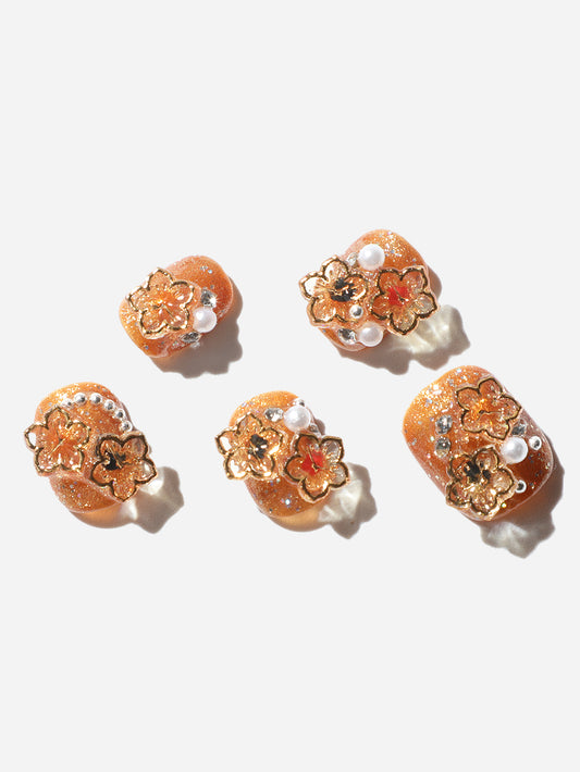 Amber Gold Flower Press-On Nails