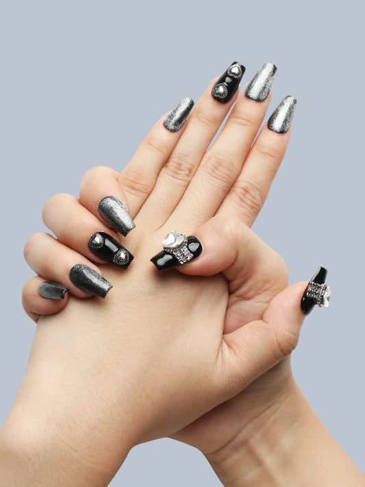 Black Glitter Heart Press-On Nails