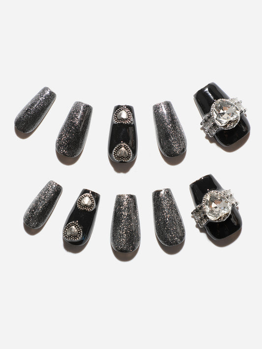 Black Glitter Heart Press-On Nails